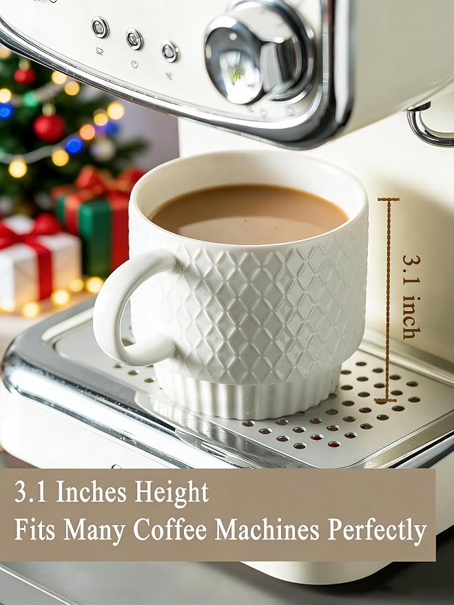 Gomakren Stackable Coffee Mugs Set with Stand, Coffe Cup with Tea Spoon 13 Ounce White Cups for Cappuccino Coffee Drinks Tea, Set of 4, Gift for Father Man Women 380ml