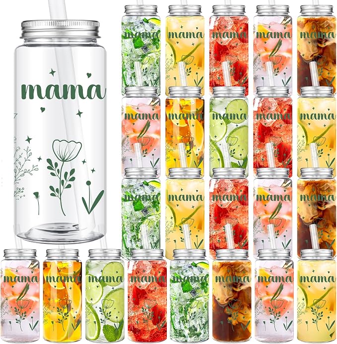 Skylety 24 Pcs Mama Plastic Cups Gifts Bulk Mama Sage Green 14 oz Tumbler with Straw Lid Reusable for Mom Christian Party Favors for Women Teacher Graduation Party