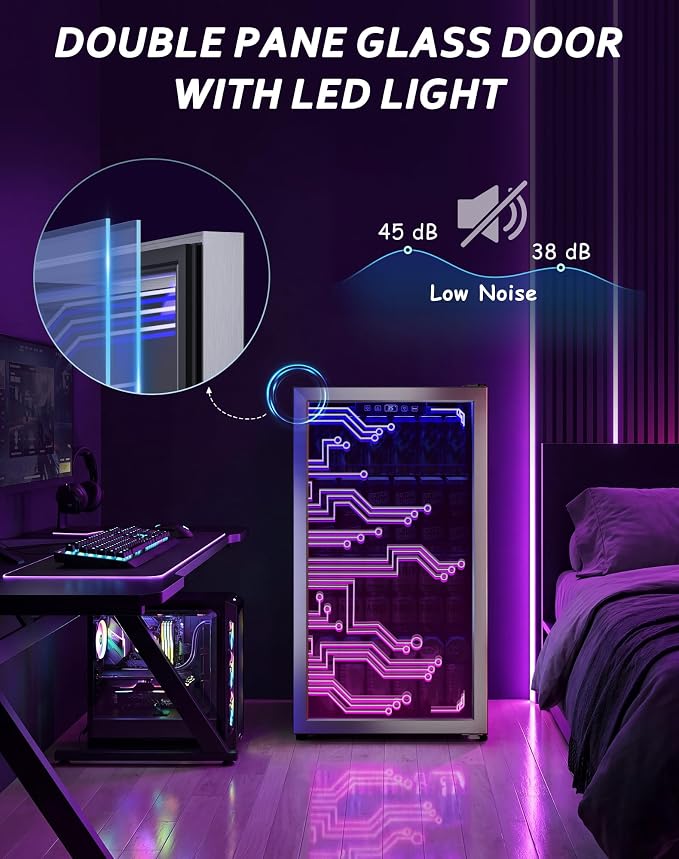 Tehanld 3.2 Cu.Ft Beverage Refrigerator, 130 Can Freestanding Drink Fridge with Glass Door and LED Light, Digital Temperature Control 35-65°F, Fan Cooling, Adjustable Shelves for Soda, Beer, Wine