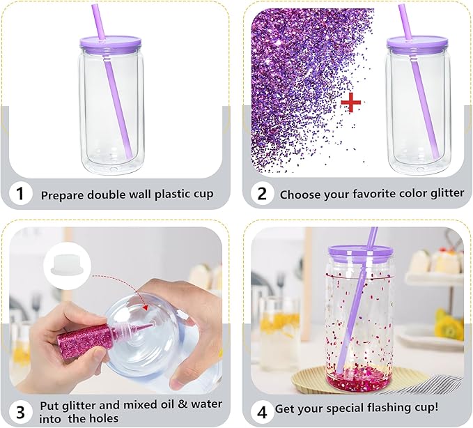 16 oz Acrylic Snow Globe Cups Snow Globe Tumbler Double Wall Snowglobe Tumbler with Pre Drilled Hole Clear Plastic Cups with Colorful Lids and Straws for Iced Coffee Boba Juice Soda 12 Pack
