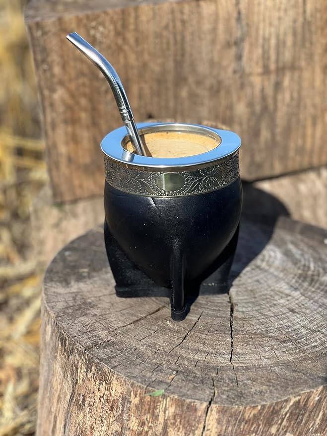 Mate Imperial Argentino, With Straw Tea Gourd Mug One Bombilla Mate (Straw), Wrapped Handmade Leather, Includes Premium Packaging(black)