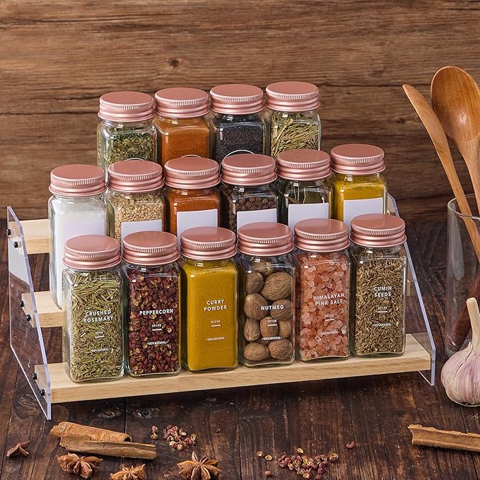 36 Pcs Glass Spice Jars with Labels and Pink Metal Caps, 4oz Empty Spice Containers with Shaker Lids, Funnel, Pen,Seasoning Storage Bottles for Spice Rack, Cabinet, Drawer