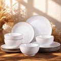 GBHOME Dinnerware Sets for 4, Farmhouse Style Stoneware Plates and Bowls Sets, 12 Pieces Embossed Scratch Resistant Dishes, Dishwasher & Microwave Safe, White