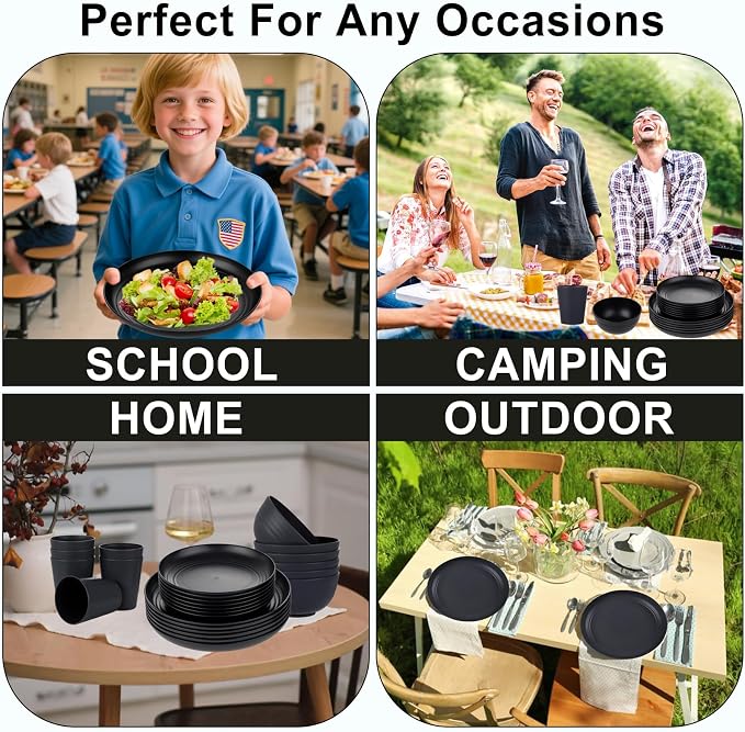 Supernal 24pc Black Wheat Straw Dinnerware Set, Unbreakable Dish Set for 6 | 24pc matte black wheat straw dinnerware set for 6. Lightweight, unbreakable, microwave & dishwasher safe kitchen dish set.