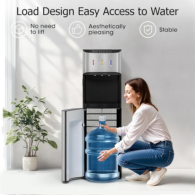 Tehanld Bottom Loading Water Cooler Dispenser for 3 or 5 Gallon Bottles, Stainless Steel Water Dispenser with Hot, Room & Cold Water, Child Safety Lock, Metallic Silver
