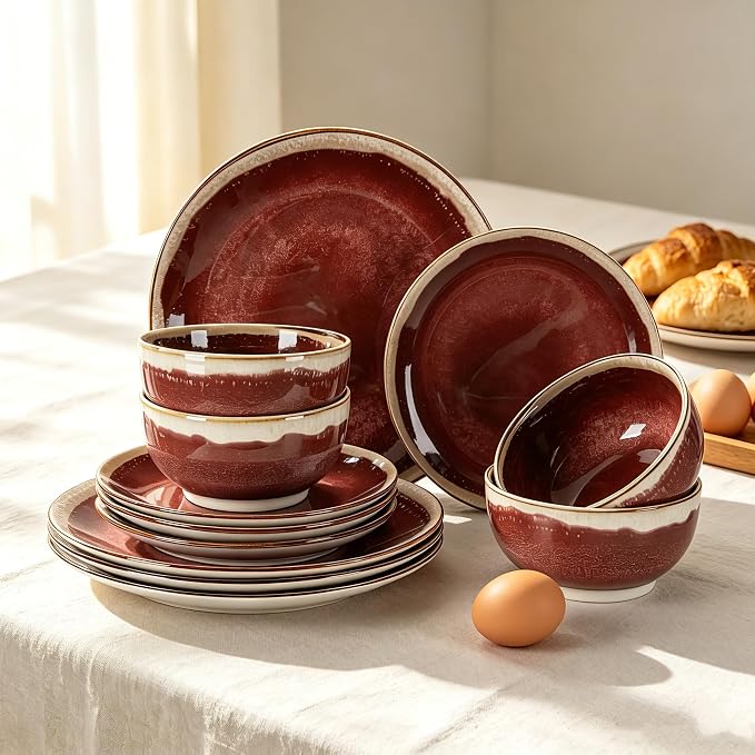 Sweejar 12 Pieces Ceramic Dinnerware Sets for 4, Gradient Glaze Plates and Bowls Set, Microwave & Dishwasher Safe, Stackable Dish Set, Scratch Resistant Dishware Sets, Red