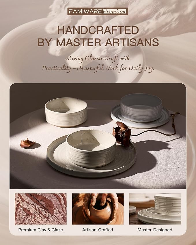 24-Piece Reactive Glaze Stoneware Dinnerware Sets for 8 - High Edge Plates & Bowls, Speckles & Spirals - Chip & Scratch Resistant, Microwave & Dishwasher Safe - Gift Box, Shell Beige