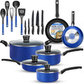 SereneLife 20-Piece Blue Cookware Set with Knives - Includes Multi-Sized Pots and Pans Set Non stick with Lids and Utensils, Heat Resistant, Dishwasher Safe