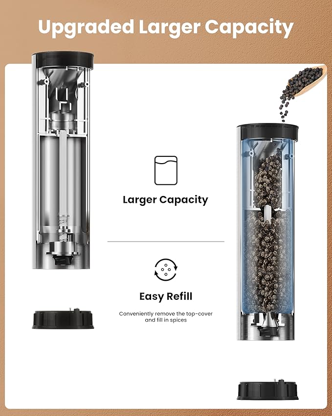 Electric Salt and Pepper Grinder Set with Rechargeable Base - Upgraded Large Capacity, Refillable Pepper Mill Set with LED Light & Adjustable Coarseness, Ideal for Kitchen, Outdoor, BBQ & Gift Giving