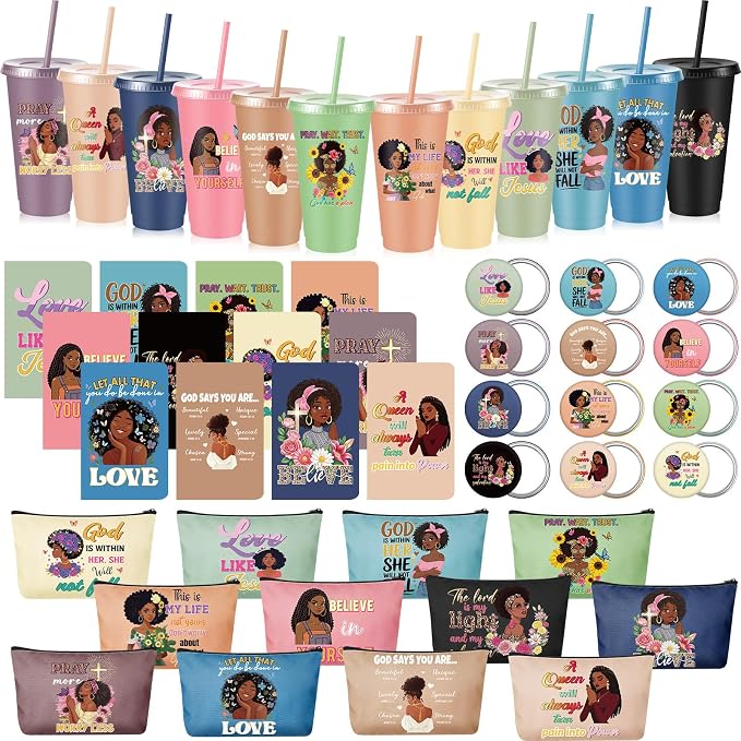 Hollowfly 12Set/48Pcs African Americans Black Women Christian Gifts Set Include 24oz Coffee Cup with Lid and Straw, Makeup Bags, Mirrors, Notepad, Black Owned Inspirational Gift for Women(Morandi)
