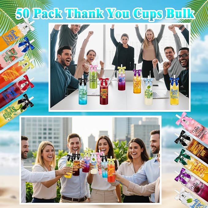 50 Pack 17oz Employee Appreciation Acrylic Tumblers with Lids, Straws & Satin Bows, Colorful Fun Motivational Designs, Thank You Gifts for Staff, Coworkers, Office Events & Team Building (Team)