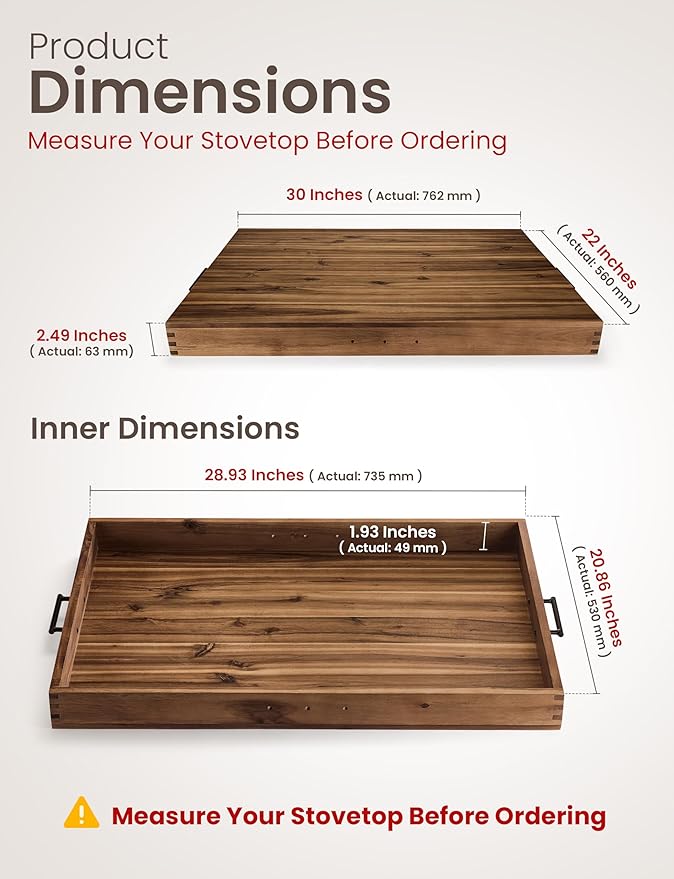 TIDITA Stove Top Covers for Electric Stove 30”x22” (Outer) / 28.9”x20.8” (Inner) - Acacia Wood Noodle Board for Gas Stovetop - Stove Top Covers for Gas Burners, Sink Cutting Board (Walnut color)