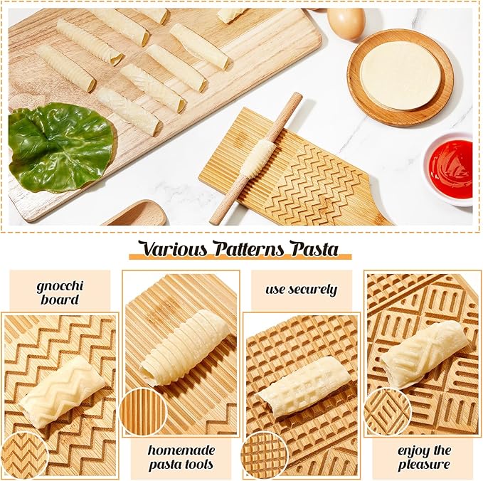 Tioncy 7 Pcs Pasta Making Tool Set Wood Gnocchi Board with Ravioli Stamp Ravioli Maker and Rolling Pin Homemade Gnocco Maker Kitchen Gift for Home Baking Lovers(Design Gnocchi Board Set)