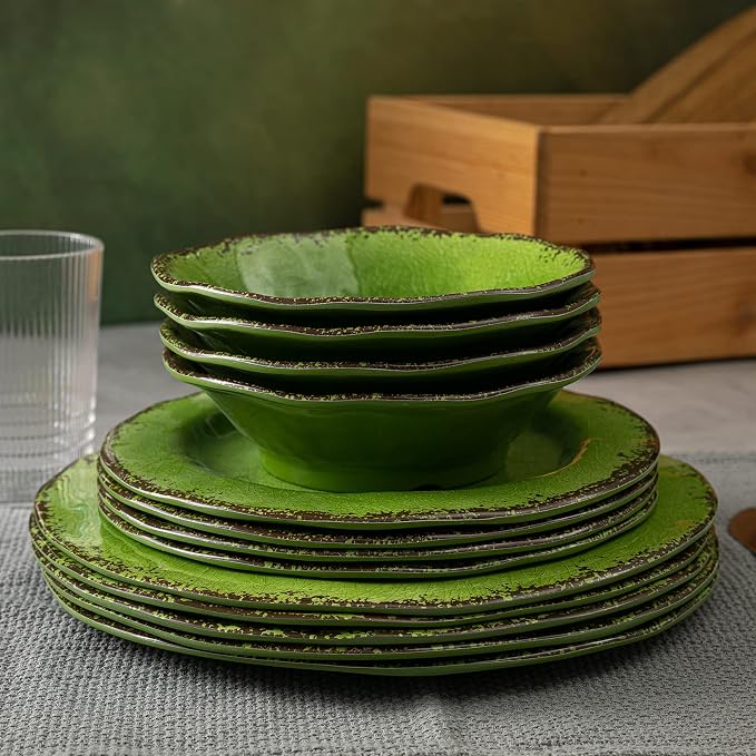 LEHAHA Melamine Dinnerware Set, 12-Piece Dishes Set, Lightweight and BPA Free Rustic Plates and Bowls Sets, Service for 4, Indoor Outdoor Use, Great for Patio, Camping, RVs (Green)