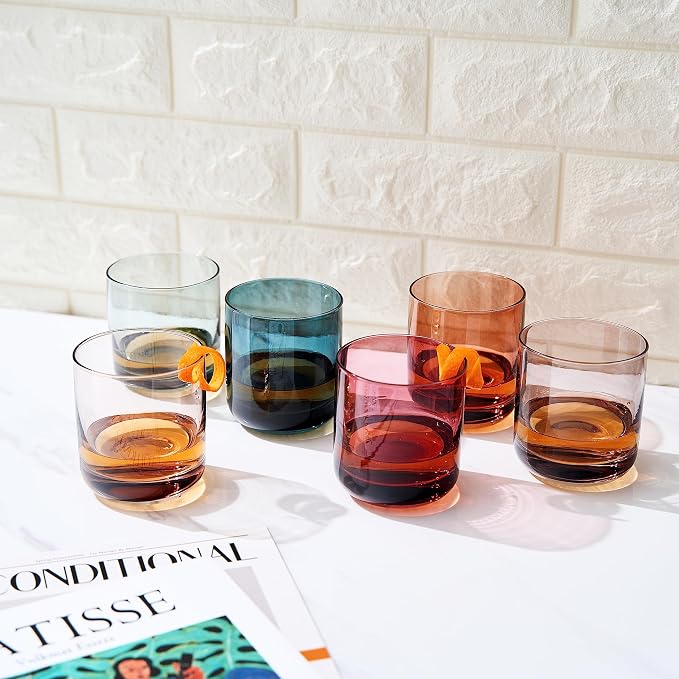 Khen Colored Old-Fashioned Drinking Glasses | Set of 6 | 9.6oz Art Deco Stemmed Glasses for Whiskey, Martini, Cocktail, Champagne, Wine | Muted Pastel Colors