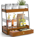 Coffee Bar Station Organizer with Built-In Drawer, 2-Tier Countertop Shelf for Tea Bags, Coffee Accessories, Syrup Bottles (Walnut)