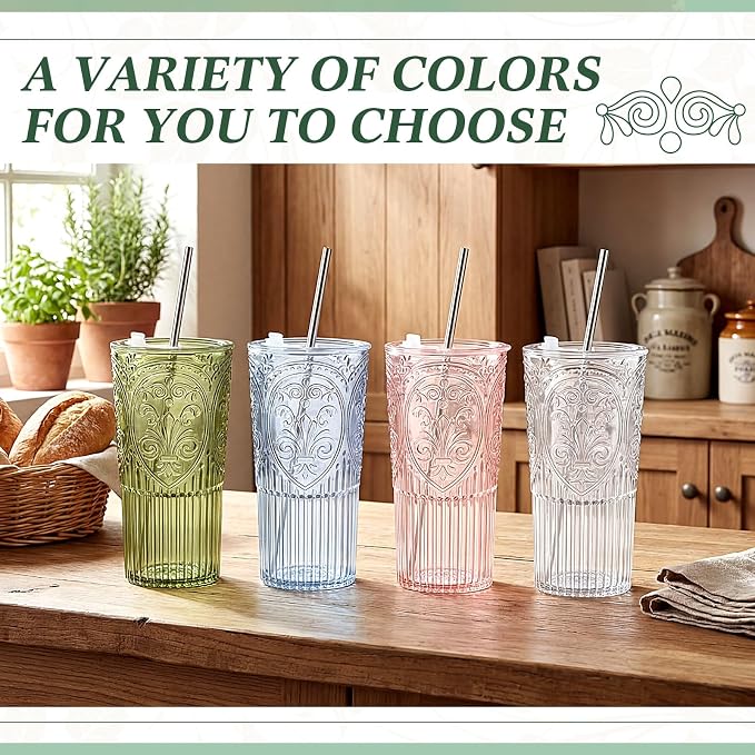 4 Set 20oz Vintage Plastic Tumbler with Lids and Straws Ribbed Floral Drinking Glasses Reusable Iced Coffee Cups for Water Juice Smoothie Cocktail Travel Party Events Gift (Blue)