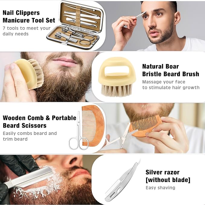 Nuogo 15 Pcs Birthday Gifts for Men Beard Care Set for Him Dad Birthday Gifts Basket Ideas Kit for Men Tumbler Bath Robe for Father's Day Dad Husband Boyfriend Box(Unhooded,White)