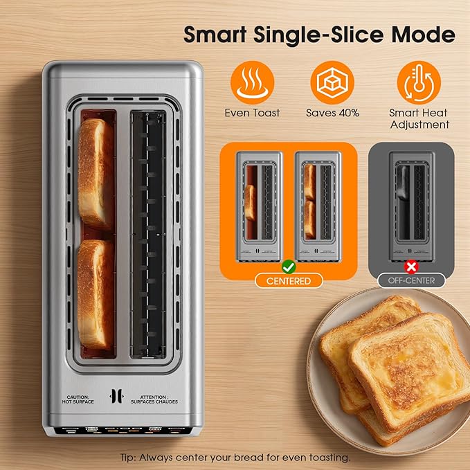 4 Slice Long Slot Toaster with Digital Touchscreen, 6 Shade Settings with Countdown Timer, Wide 1.5" Slots for Thick Bread & Bagels, Defrost, Reheat & Single-Slice Modes for Family Breakfast