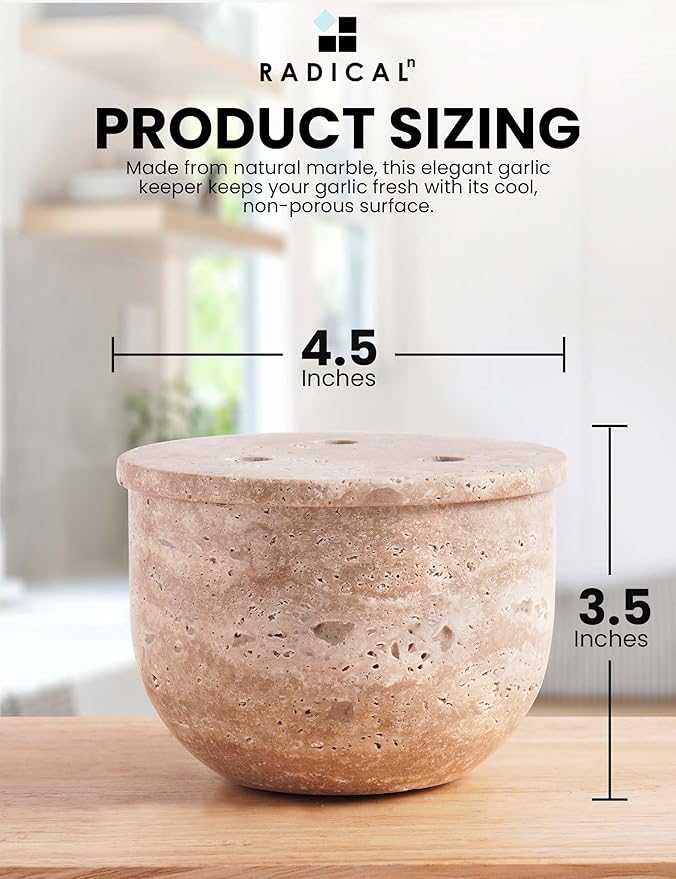 Radicaln Marble Garlic Keeper With Lid 4.5 Inch Travertine Handmade Garlic Storage and Garlics Container For Kitchen, Keep Fresh Garlic Cloves, Ideal Garlic Keeper for Counter