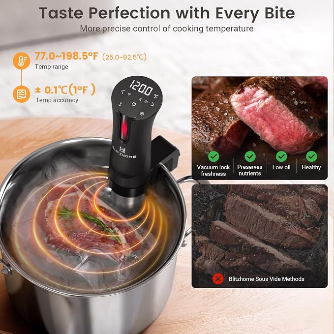 BLITZHOME Sous Vide Cooker, WiFi 1100W Sous Vide Machine with APP Recipes, Accurate Temperature & Timer, Stainless Ultra Quiet Precision Immersion Circulator Gift for Chefs