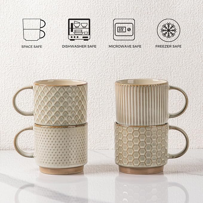 GBhome 6OZ Stackable Coffee Mugs with Stand and Saucer, Ceramic Coffee Mugs Set of 4 with Texture Patterns for Man,Woman,Dad,Mom, Modern Coffee Cups for Latte/Espresso. Dishwasher&Microwave Safe