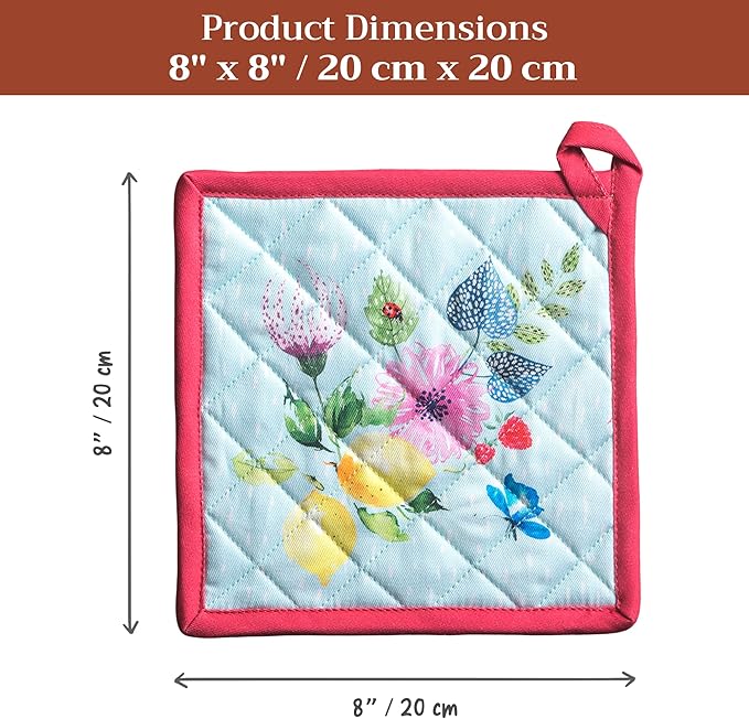 Maison d' Hermine Pot Holders 100% Cotton Heat Resistant Potholders 8" x 8" Hot Pads with Loop BBQ Cooking Gifts for Mothers Day Handling Hot Pans Spring/Summer (Pack of 2, Jardin D'Ete - Mint)