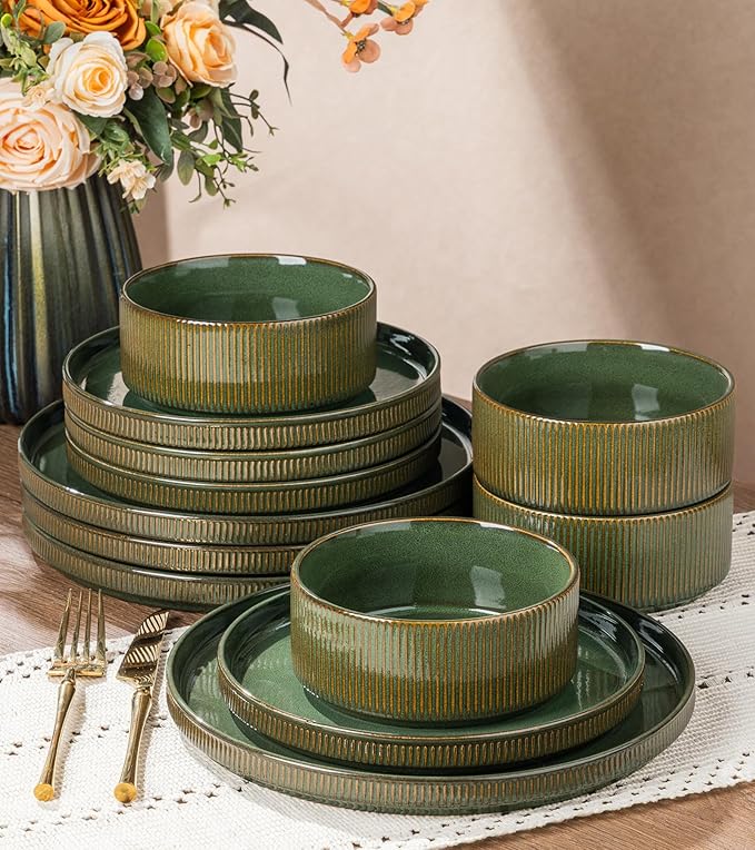 GBHOME Stoneware Dinnerware Sets for 4, 12 Pieces Lightweight Ceramic Ribbed Plates and Bowls Set, Reactive Glaze Stackable Plate Sets, Scratch Resistant Dishes, Microwave & Dishwasher Safe,Sage Green