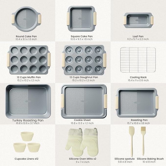 Kikcoin 25 PCS Stackable Baking Pans Set, Non-stick Bakeware Sets with Silicone Handles, 450°F Oven Safe Cookie Sheets for Baking, Easy Release Heavy-duty Baking Sheets Non Stick, Cream