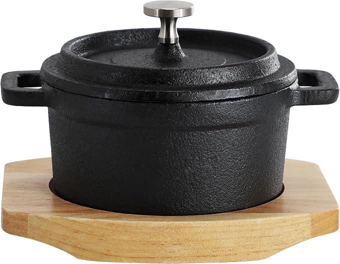 MegaChef Cast Iron 8 Ounce Mini Dutch Oven with Wood Tray, Cookware, Bakeware, Serveware (6 Piece)