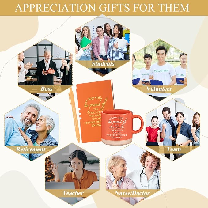 Didaey 10 Sets Employee Appreciation Gifts Set 13oz Pastel Inspirational Ceramic Coffee Mugs A6 Leather Notebooks Ballpoint Pens Bulk Thank You Gifts for Employees, Staff, Team Members