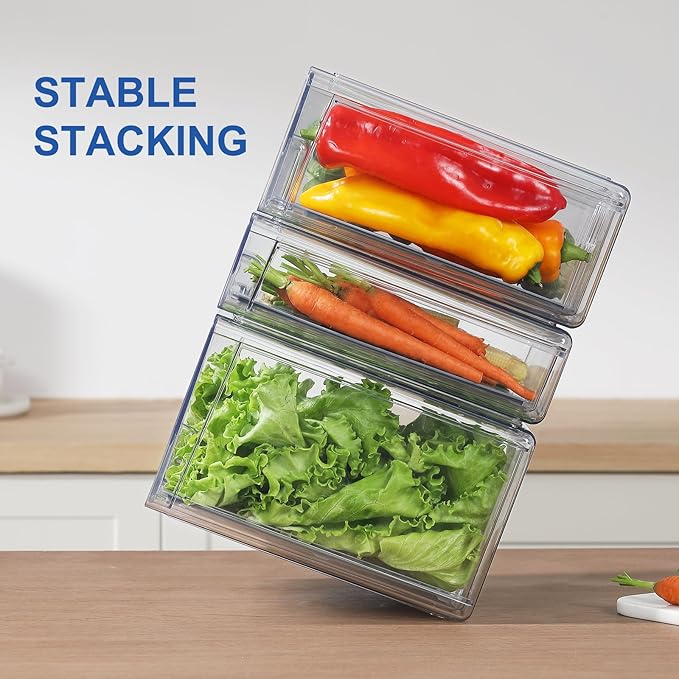 Pull Out Clear Fridge Organizer Drawers with Drainer, Refrigerator Stackable Storage Bins for Kitchen Fruit & Veggie Organization (2PCS, Medium)