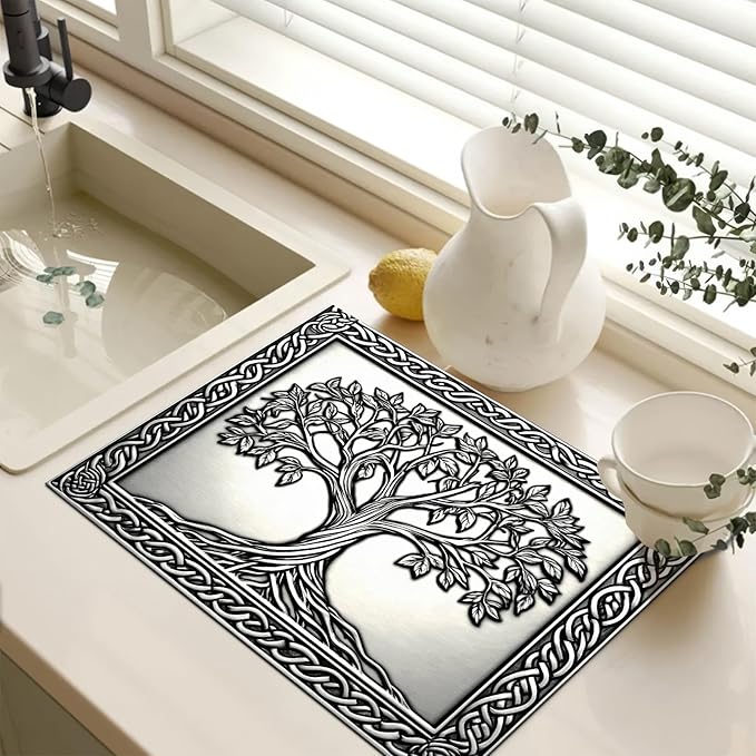 HOMETITUTE Tree of Life Stove Top Cover for Electric Stove Silver Embossed Celtic Design Dish Drying Mat 28x20 Inch Decorative Kitchen Protector Fit Under Coffee Maker