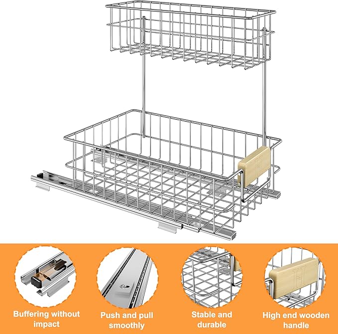 ROOMTEC Pull Out Cabinet Organizer, Under Sink Slide Out Storage Shelf with 2 Tier Sliding Wire Drawer, Sliding Storage for Inside Kitchen Cabinet- 11½ in. W x 21½ in. D (Right)