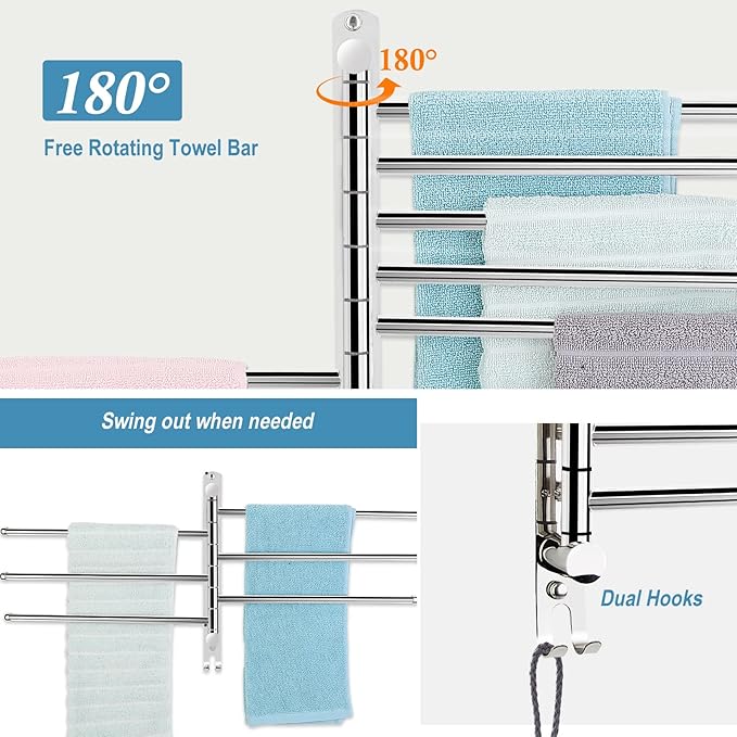 6-Arm Swivel Towel Bar, 180°Rotating Towel Rack Wall Mounted, 304 Stainless Steel Rustproof Heavy Duty Towel Holder for Bathroom Kitchen Laundry Room, Space Saving, Brushed Nickel Finish