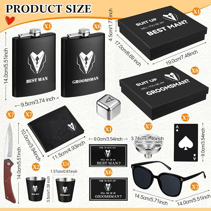 Mimorou 88 Pcs Groomsmen Proposal Gifts - Shot Glasses, Stainless Steel Ice, Flask, Funnel, Gift Boxes, Sunglasses, Knives, Bottle Opener, Cards, Wallets for Wedding Groomsmen Present Set