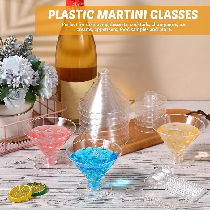 Yinkin 24 Pcs 5 oz Plastic Martini Glasses Disposable Clear Cocktail Dessert Parfait Glasses Unbreakable Mini Martini Cups for Wedding Party Bowl Wine Ice Cream