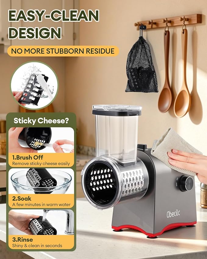 Upgraded 300W Electric Cheese Grater with 7 Stainless Steel Blades,Cheese Shredder Electric for Slicing,Shredding & Grinding Vegetables,Fruits and Nuts,Easy Clean with 2 Brushes & Blades Storage Bag