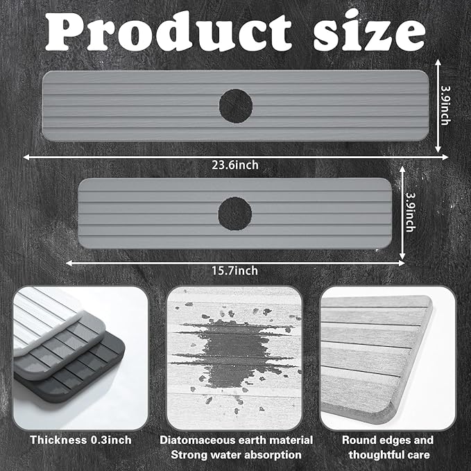 Kitchen Sink Splash Guard - Diatomite Kitchen Faucet Absorbent Mat,Faucet Mat for Kitchen Sink,Super Absorbent,Prevents Moisture Buildup-Diatomaceous Fast Drying Stone Sink Tray(Gray, 15.7" X 3.9")