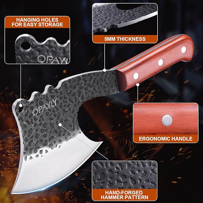 OPAYLY Meat Bone Cleaver Knife Heavy Duty Bone Choppe for Meat Cutting Hand Forged Butcher Axes with Cover cleavers High Carbon meat cleaver for Kitchen Outdoor Camping BBQ gifts for men