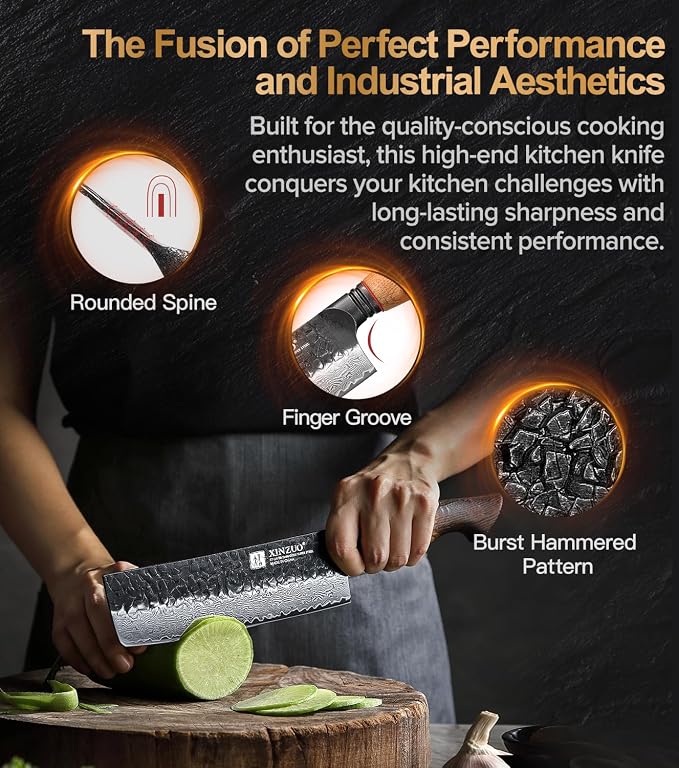 XINZUO 7 Inch Nakiri Knife, Hand Forged Damascus Steel Asian Chopping Chef Knife, Professional Meat Vegetable Kitchen Knife,Comfortable Grip White Oak Handle Usuba Knife