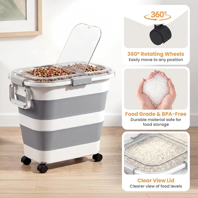 30 Lbs Rice Storage Container with Wheels, Collapsible Airtight Dog Food Storage Container with Transparent Lid, Measuring Cup, Scoop, Handle, BPA Free Rice Holder for Pet Food, Grain, Bird Seed