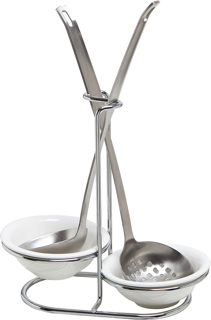 MyGift Set of 2 Ceramic Spoon Rest, Upright Ladle Holder Ceramic Dish with Silver Stainless Steel Rack