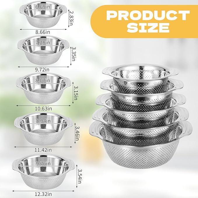 Stainless Steel Colander for Kitchen, 5 Pack Metal Kitchen Strainer Bowls with Handles, Food Strainer Basket for Pasta, Noodles, Vegetables and Fruit, Nesting Design, Dishwasher Safe