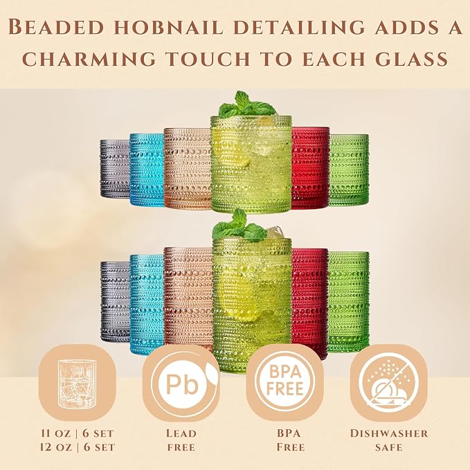 Khen Hobnail Beaded Highball Drinking Tumbler Glasses | Set of 12 | Autumn Colors Vintage Bubble Design Whiskey Glassware, Old-Fashioned, Embossed Design Water, Wine, Cocktail Rocks Glasses