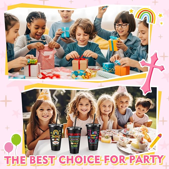 Uiifan 50 Pcs VBS Christian Cups Bulk for Kids, Religious Plastic Tumblers with Bible Verses, Sunday School and Church Gifts, Reusable Cups with Lids and Straws (Black)