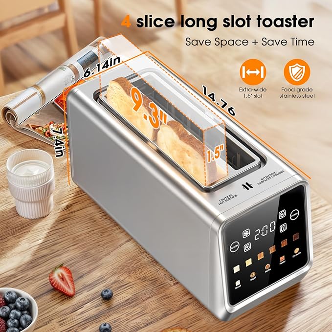 4 Slice Long Slot Toaster with Digital Touchscreen, 6 Shade Settings with Countdown Timer, Wide 1.5" Slots for Thick Bread & Bagels, Defrost, Reheat & Single-Slice Modes for Family Breakfast