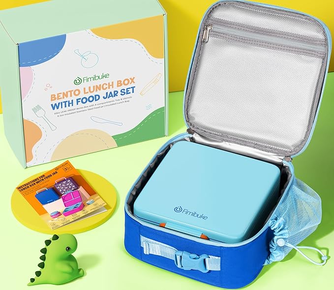Fimibuke Kids Bento Lunch Box with Thermo, Leakproof Toddler Bento Box with 8.5OZ Insulated Food Jar, Lunch Bag & Utensils BPA Free Dishwasher Safe 3 or 4 Compartment Container for School Girls Boys