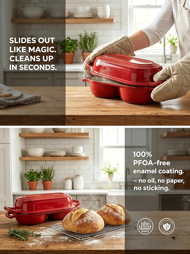 Mini Double Dutch Oven for Sourdough Bread – Enameled Cast Iron Loaf Pan with Dual Loaf Design, 500°F Oven Safe Non-Stick Cast Iron Dutch Oven, Small Loaf Baker for Artisan Baking