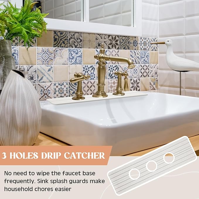 Teenyyou 3 Hole White Faucet Mat for Kitchen Sink Bathroom 16.1" x 5" Kitchen Faucet Absorbent Mat Diatomite Splash Guard Quick Drying Stone Drip Catcher Hole 2.24" Holes Spaced About 1.77 "